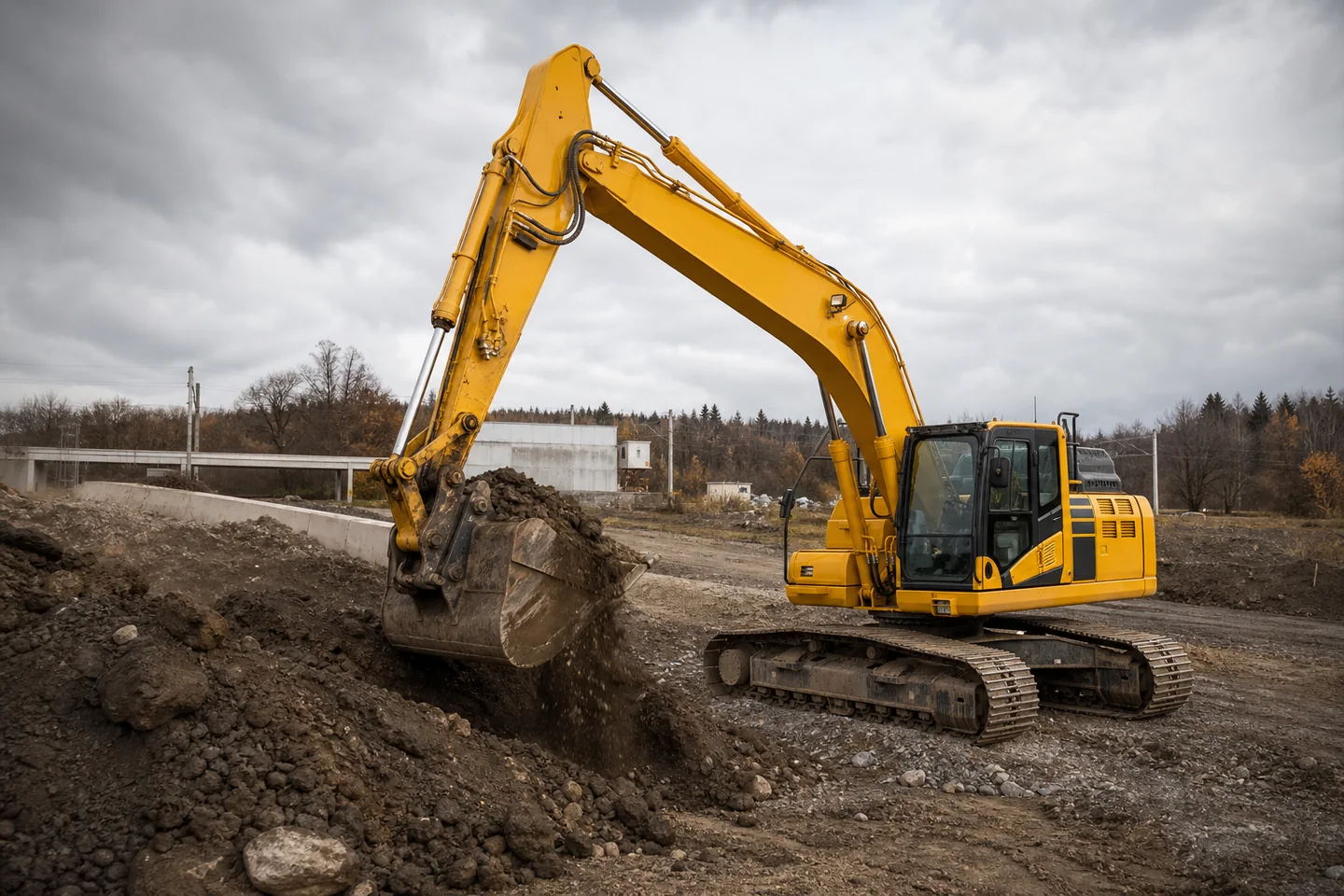 Promo vizualizace pásového rypadla Komatsu PC240NLC-11 při zemních pracích